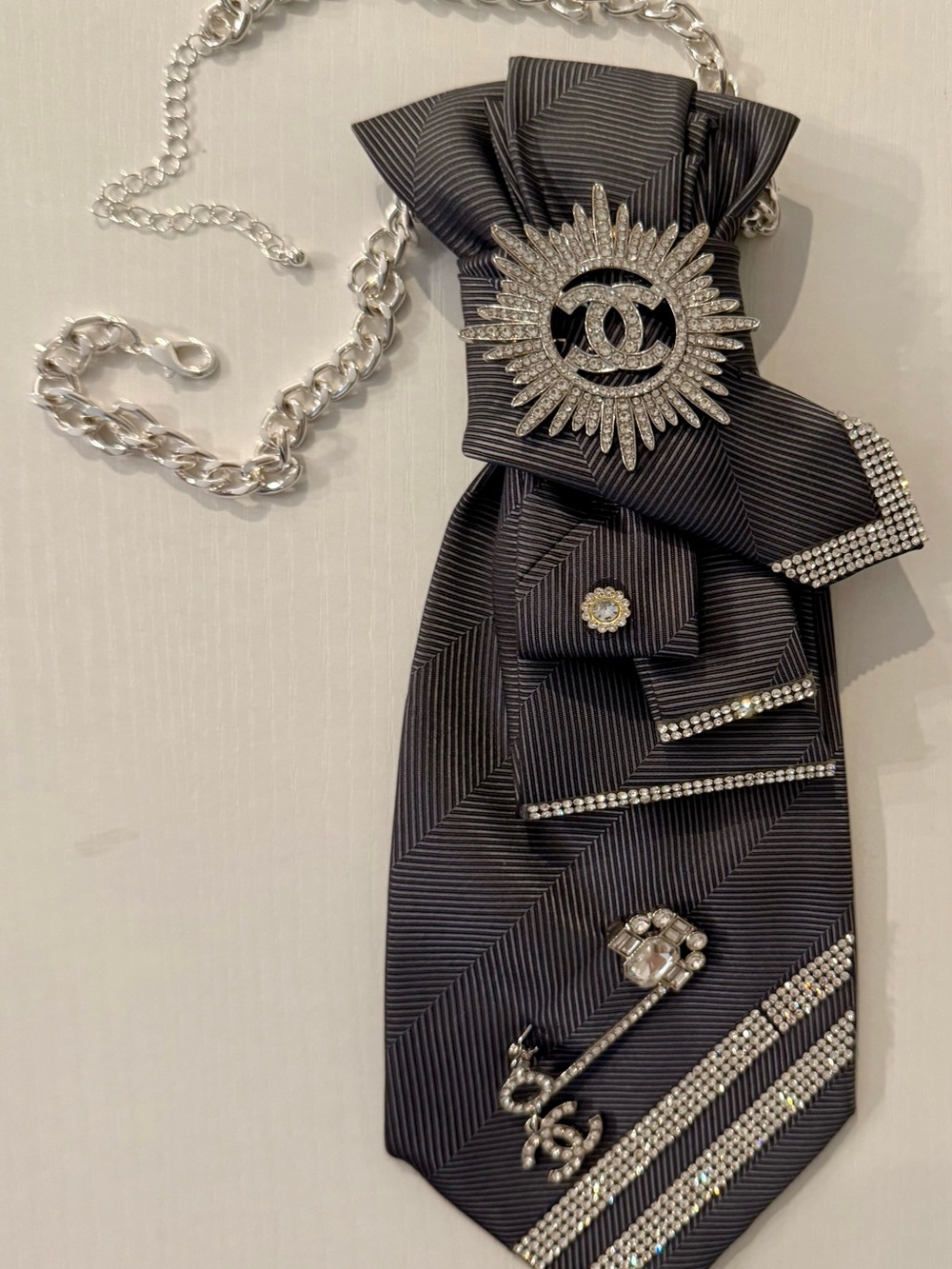 Statement Gray and Silver TIE NECKLACE with Rhinestone Brooch, Pin and Trim - Picture 4 of 8